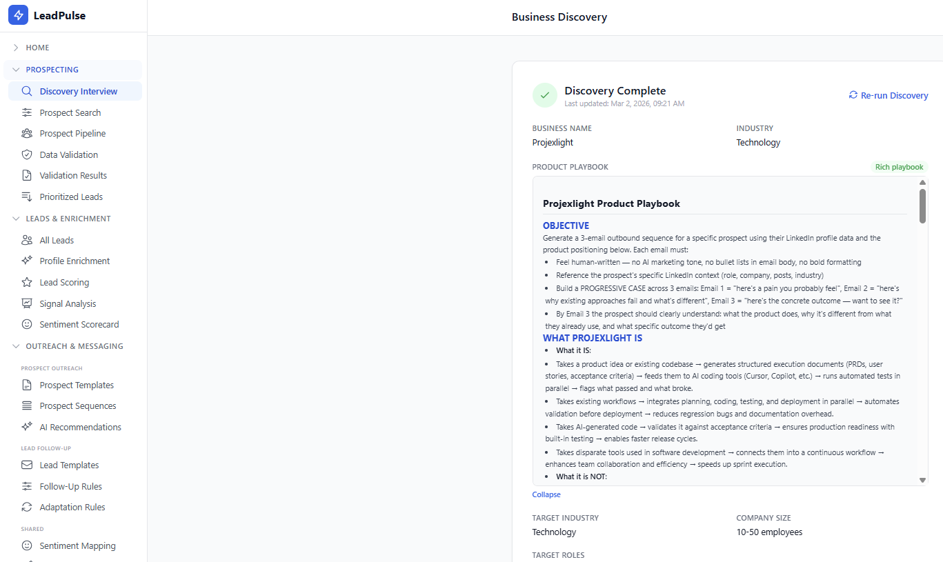 LeadPulse Business Discovery - AI-powered product playbook generation
